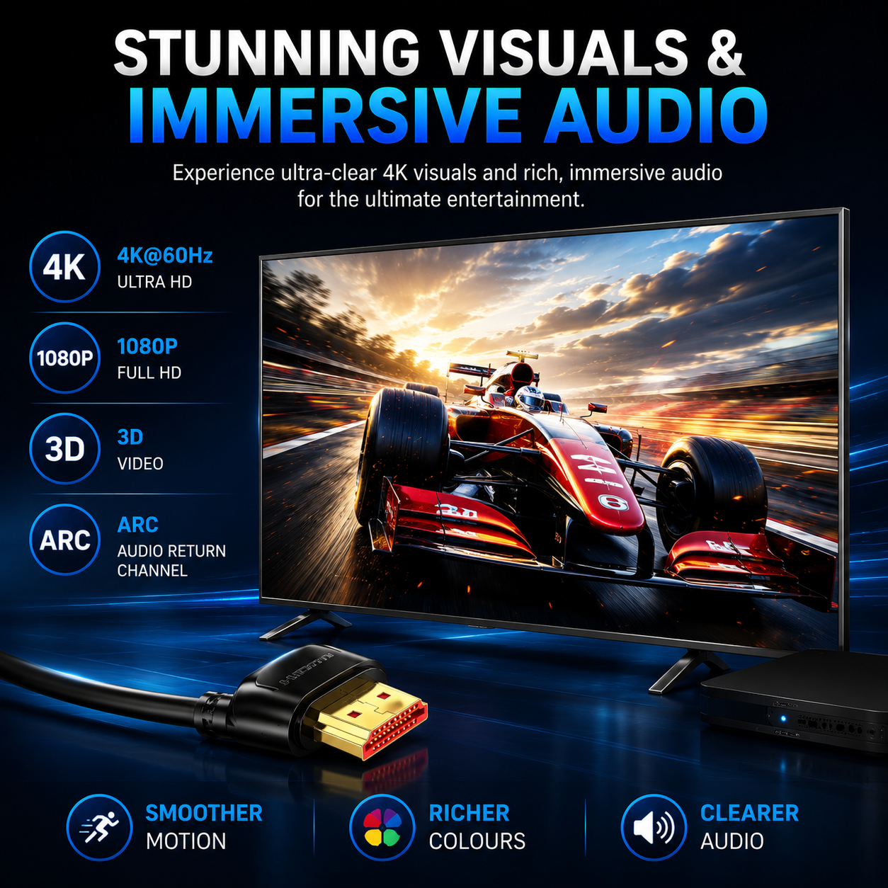 A promotional graphic for a 4K HDR television showing a red Formula 1 race car on the screen, with an HDMI cable in front and text highlighting 4K, 1080p, 3D video, ARC, smoother motion, richer colors, and clearer audio.