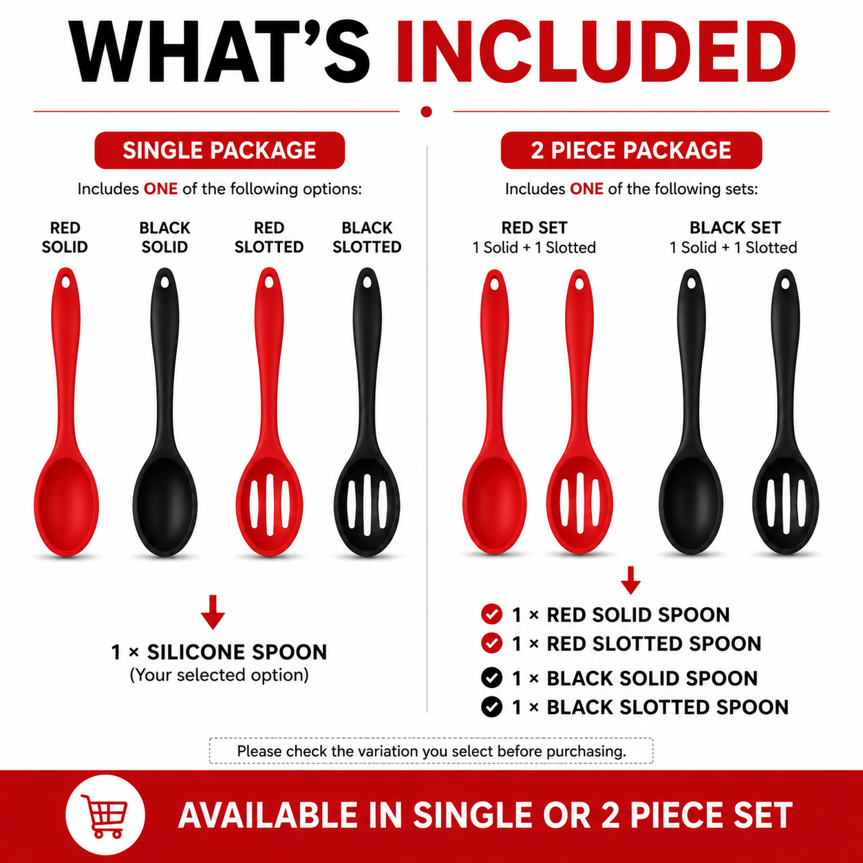 An informational graphic titled 'WHAT'S INCLUDED' showing two package options for a set of kitchen utensils: single package with one spoon and one slotted spoon, and two-piece package with one solid spoon and one slotted spoon. The utensils are shown in red and black, with text listing the included options.