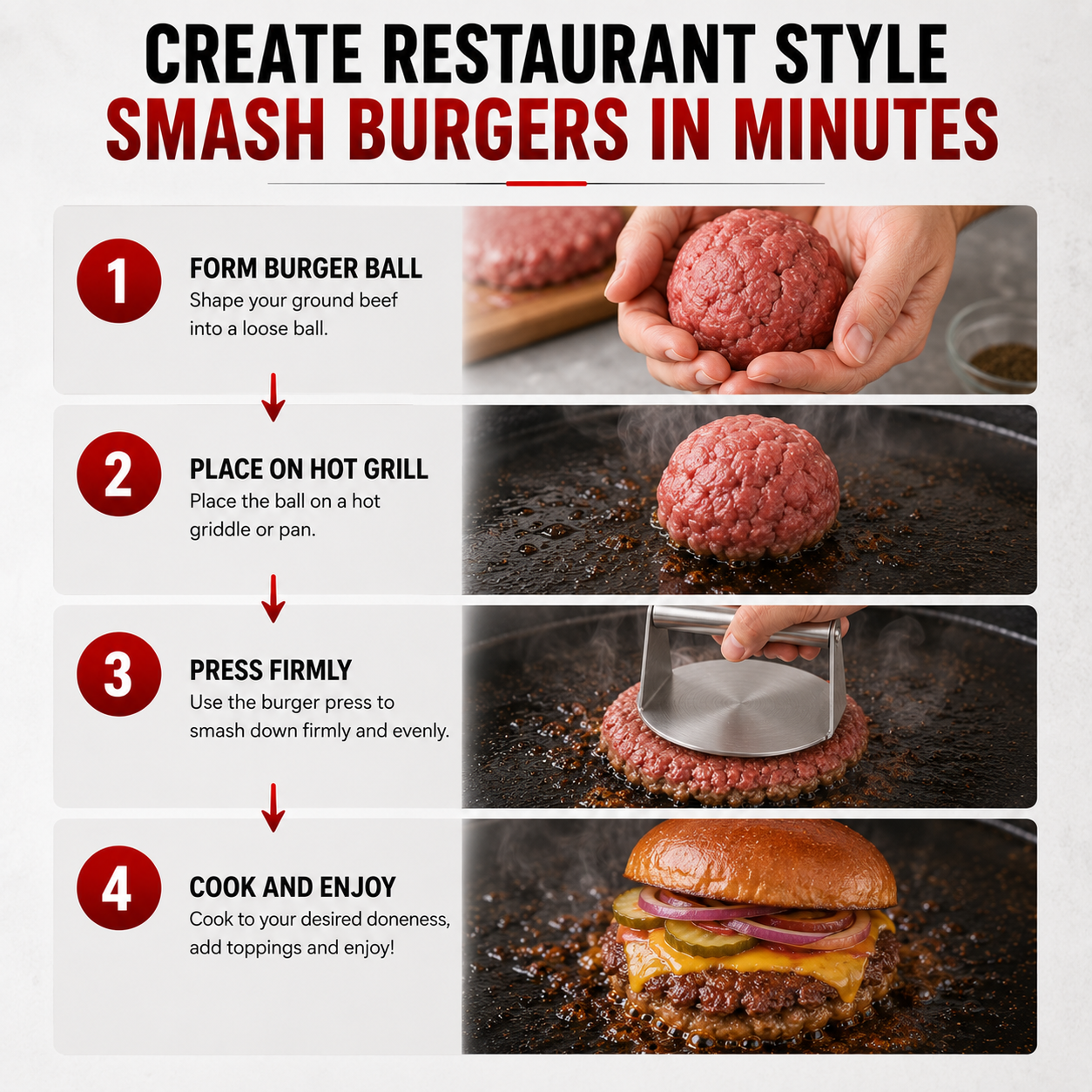 An instructional graphic titled 'CREATE RESTAURANT STYLE SMASH BURGERS IN MINUTES' with four numbered steps showing hands forming a burger patty, cooking it on a hot grill, pressing it with a burger press, and assembling a cheeseburger.
