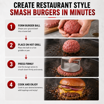 An instructional graphic titled 'CREATE RESTAURANT STYLE SMASH BURGERS IN MINUTES' with four numbered steps showing hands forming a burger patty, cooking it on a hot grill, pressing it with a burger press, and assembling a cheeseburger.