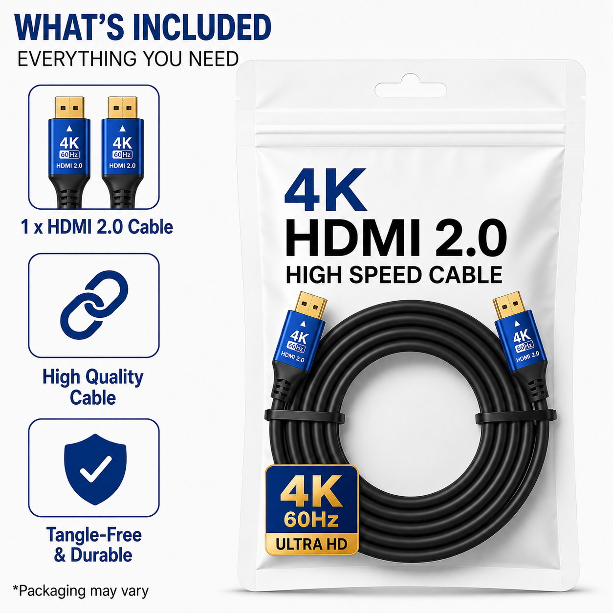 A retail package of a black HDMI 2.0 cable shown on a white background with feature callouts on the left.