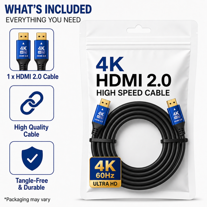 A retail package of a black HDMI 2.0 cable shown on a white background with feature callouts on the left.