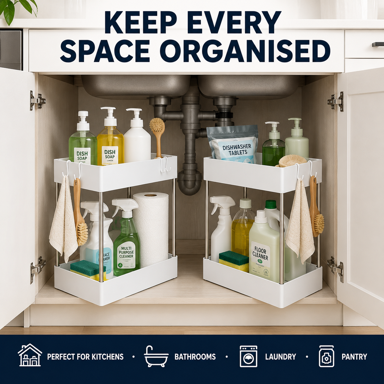 White two-tier under-sink cabinet organizer shelves shown inside an open kitchen cabinet, holding cleaning products, towels, and bathroom essentials. Large text at the top reads 'KEEP EVERY SPACE ORGANISED' and a dark banner at the bottom lists use cases for kitchens, bathrooms, laundry, and pantry.