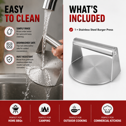 Stainless steel burger press shown on a split promotional graphic. The left side shows water running from a faucet into a sink with text about easy cleaning, dishwasher safety, and rust resistance.