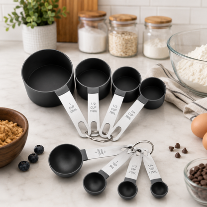 A set of black measuring cups and spoons with white measurement labels and metal keys, arranged on a light marble countertop with baking ingredients, jars, and eggs in the background.
