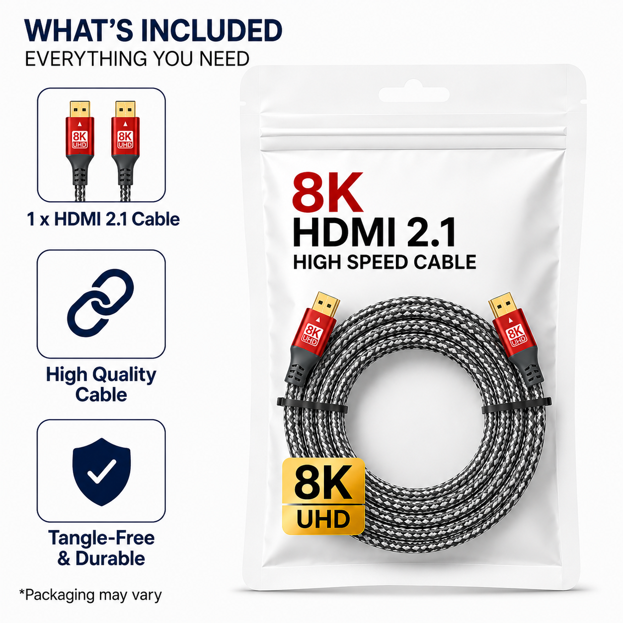 An 8K HDMI 2.1 cable with two red and black connector housings and a black-and-white braided cable, shown on a white background with feature callouts on the left.