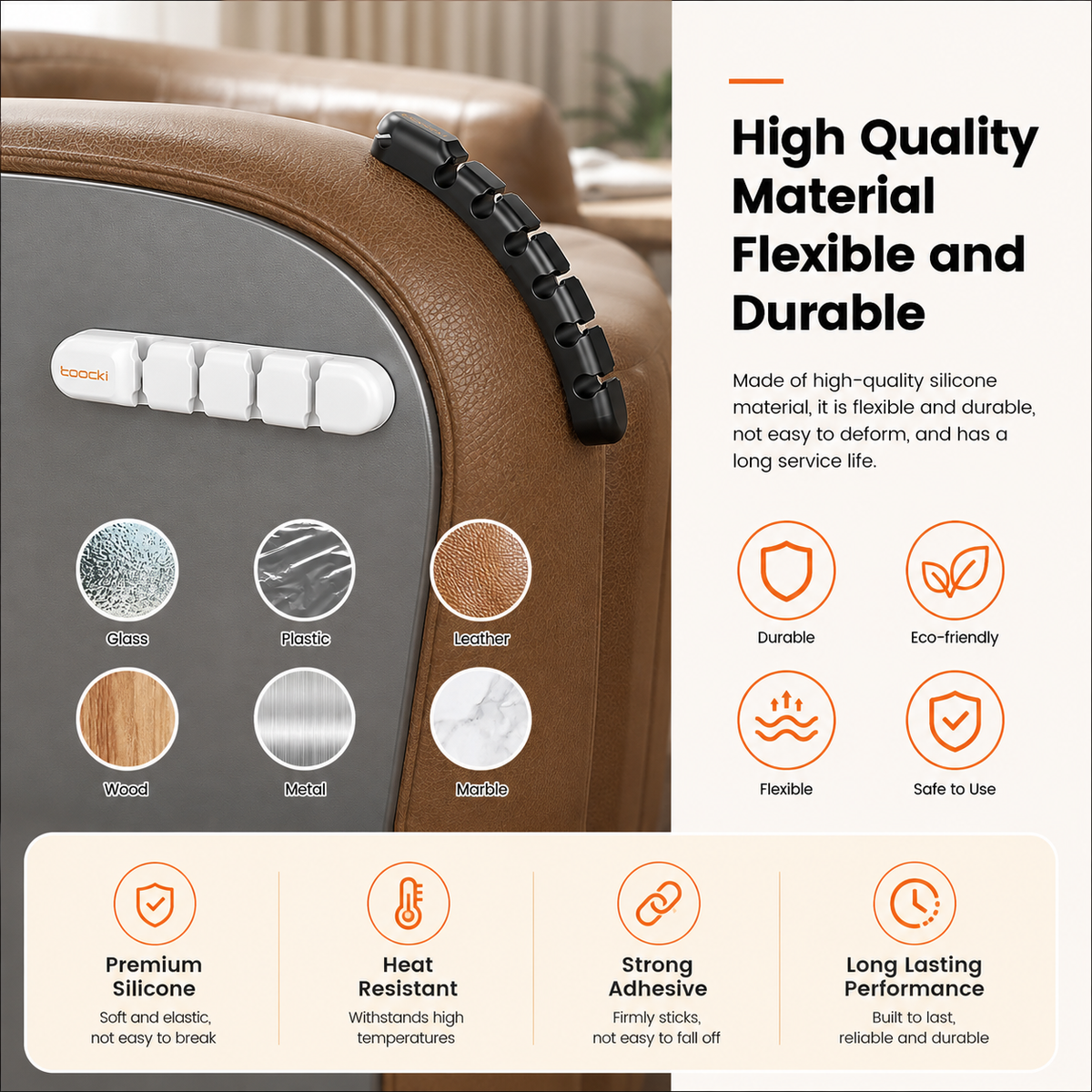 A close-up of a brown upholstered chair with a black armrest and a control panel featuring white buttons. The image includes marketing text and circular material swatches showing glass, plastic, leather, wood, and marble textures, plus icons for durability, eco-friendliness, flexibility, and safe use.