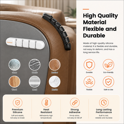 A close-up of a brown upholstered chair with a black armrest and a control panel featuring white buttons. The image includes marketing text and circular material swatches showing glass, plastic, leather, wood, and marble textures, plus icons for durability, eco-friendliness, flexibility, and safe use.