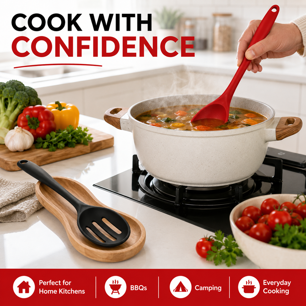 A white speckled pot with wooden handles sits on a black stovetop in a bright kitchen scene, with a hand holding a red silicone spoon inside the pot. A black slotted spoon rests on a wooden holder nearby, and vegetables and a bowl of tomatoes are arranged around it.