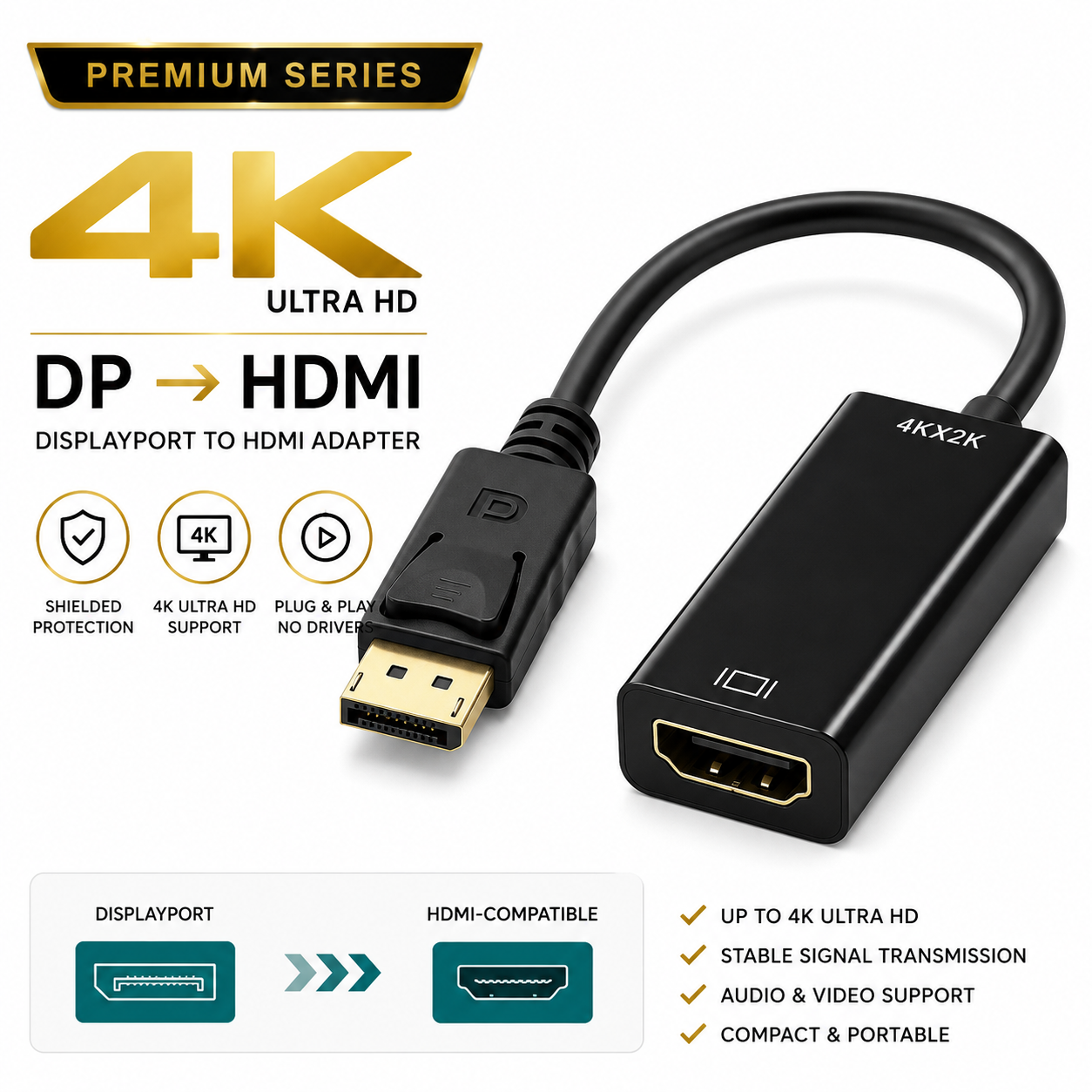 A 4K Ultra HD DisplayPort to HDMI adapter cable shown on a white background with promotional text and feature icons. The adapter is black with gold-toned connector details and is labeled 4KX2K.
