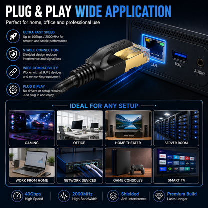 A promotional graphic for a black and gold RJ45 Ethernet cable, showing it plugged into a network device with blue lighting. The image includes text highlighting its wide application, speed, and stability, along with a grid of lifestyle images demonstrating its use in gaming, office, home theater, and server rooms.