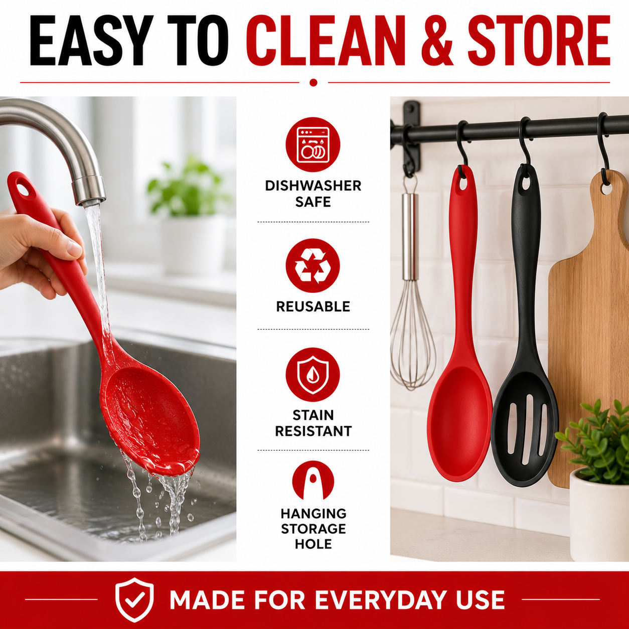 Promotional graphic for a red silicone kitchen utensil, showing a hand holding and rinsing the red spoon in a sink on the left, and the red spoon hanging on a wall rack alongside black and silver utensils on the right. Text at the top reads 'EASY TO CLEAN & STORE' and icons list features like dishwasher safe, reusable, stain resistant, and hanging storage hole.
