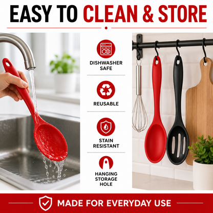 Promotional graphic for a red silicone kitchen utensil, showing a hand holding and rinsing the red spoon in a sink on the left, and the red spoon hanging on a wall rack alongside black and silver utensils on the right. Text at the top reads 'EASY TO CLEAN & STORE' and icons list features like dishwasher safe, reusable, stain resistant, and hanging storage hole.