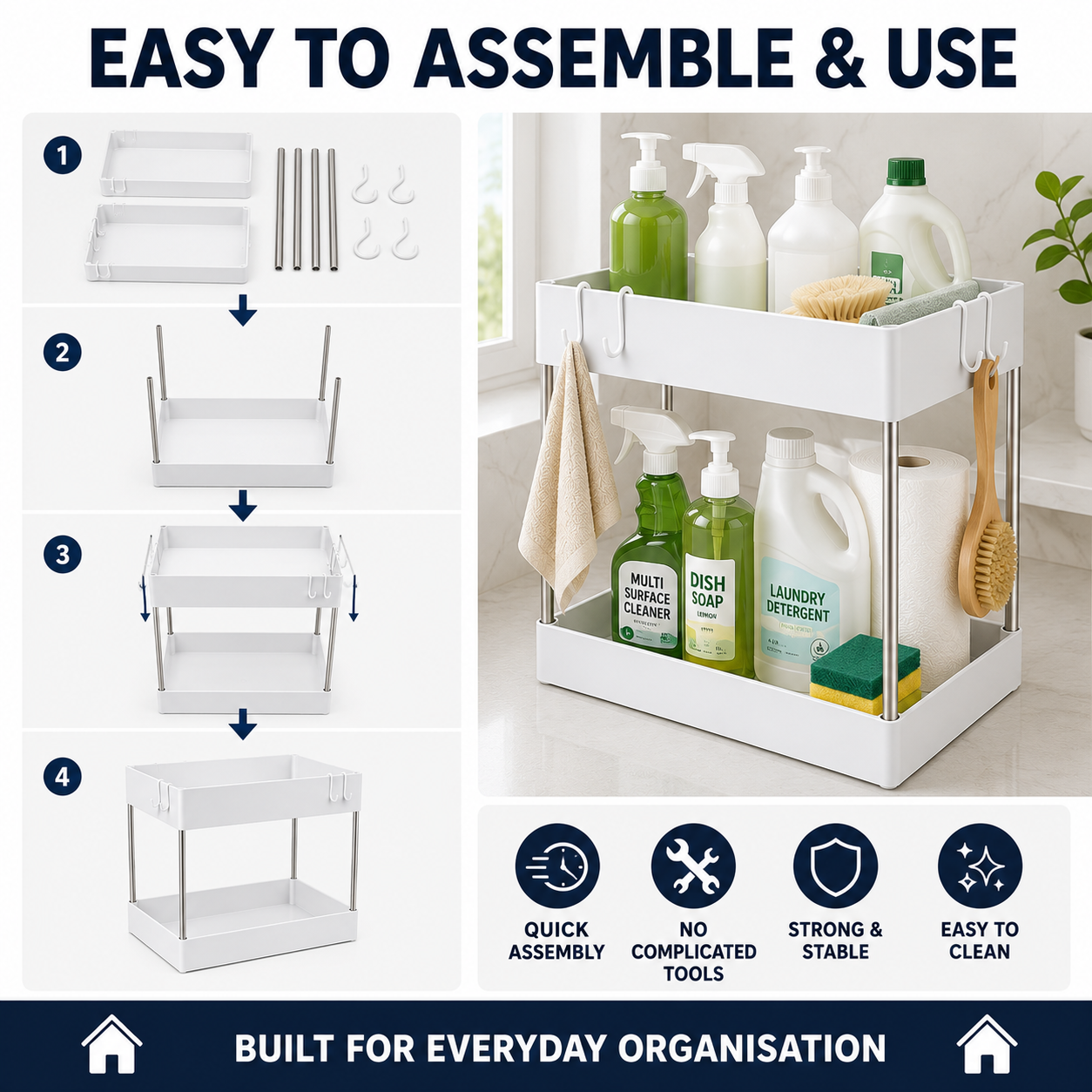 A white two-tier metal utility shelf organizer shown with step-by-step assembly instructions on the left and cleaning supplies styled on the right. The image includes marketing text such as 'EASY TO ASSEMBLE & USE' and 'BUILT FOR EVERYDAY ORGANISATION'.