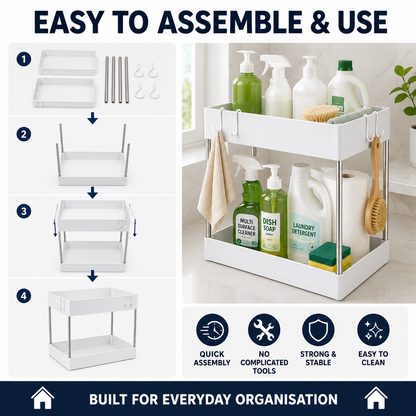 A white two-tier metal utility shelf organizer shown with step-by-step assembly instructions on the left and cleaning supplies styled on the right. The image includes marketing text such as 'EASY TO ASSEMBLE & USE' and 'BUILT FOR EVERYDAY ORGANISATION'.