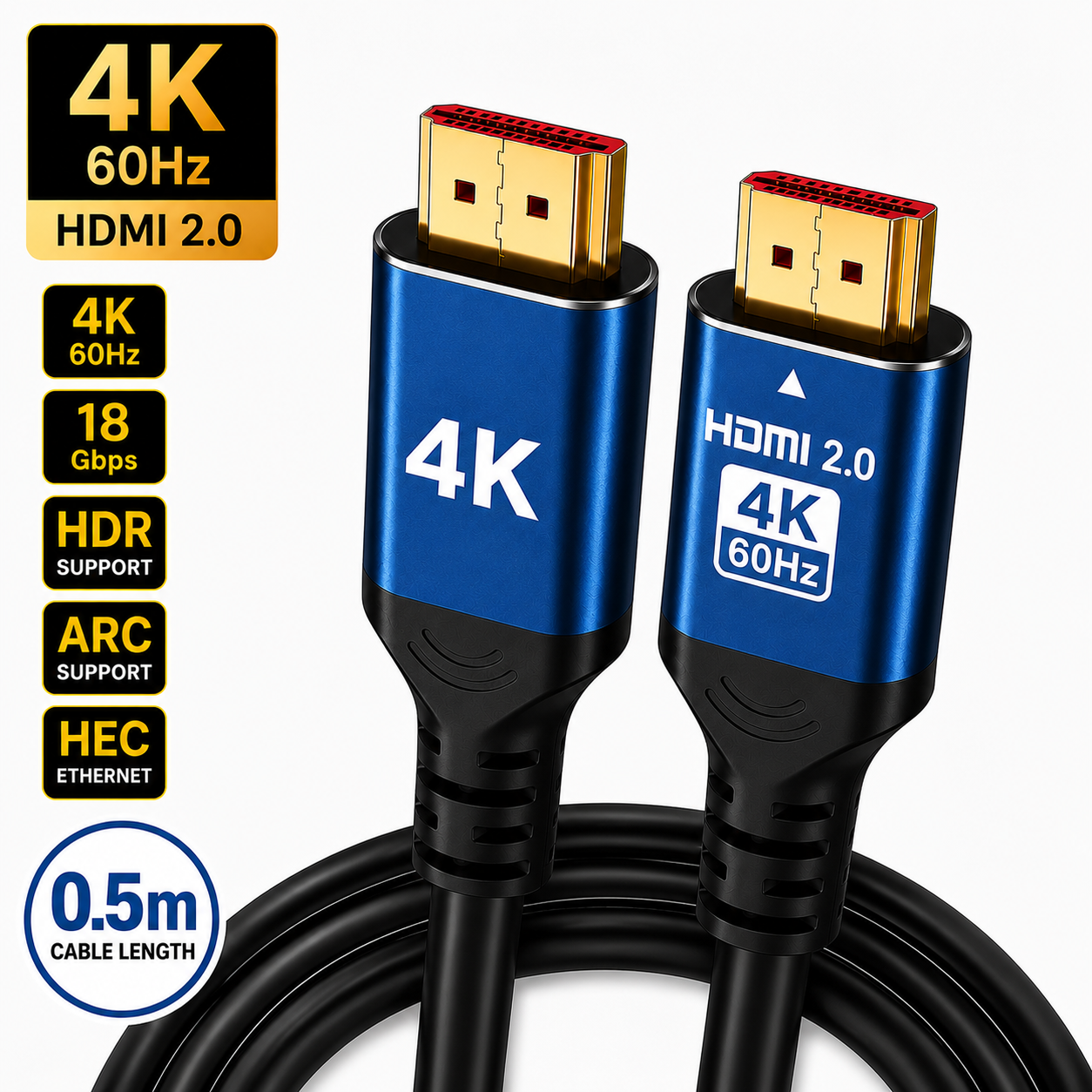 Blue and black HDMI 2.0 4K 60Hz Ethernet cable with gold-plated connectors, shown on a white background with feature badges.