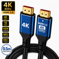 Blue and black HDMI 2.0 4K 60Hz Ethernet cable with gold-plated connectors, shown on a white background with feature badges.