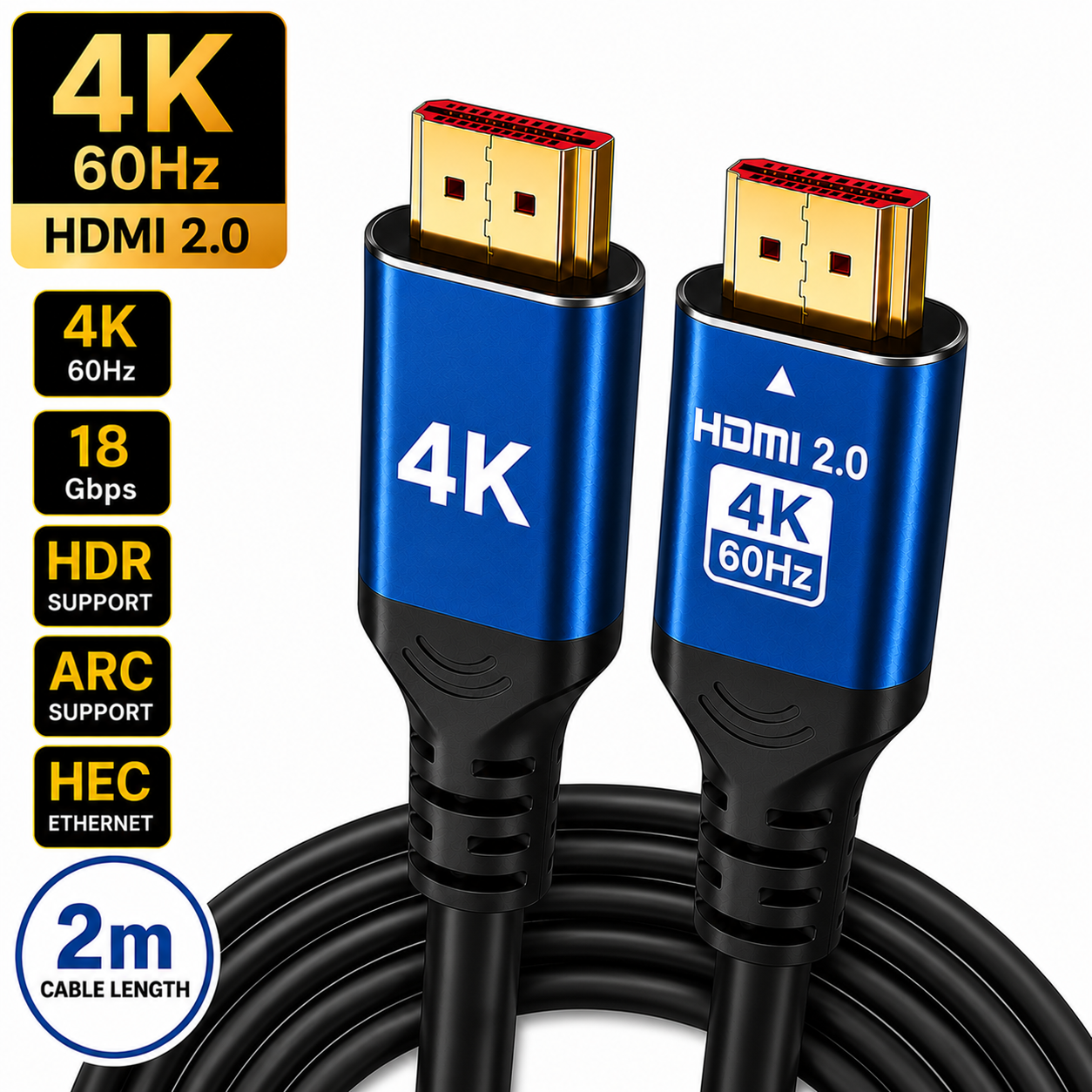 A 2m black HDMI 2.0 4K 60Hz Ethernet cable with blue metal connector housings, shown on a white background with feature callout badges.