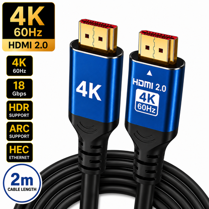 A 2m black HDMI 2.0 4K 60Hz Ethernet cable with blue metal connector housings, shown on a white background with feature callout badges.