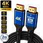 A 2m black HDMI 2.0 4K 60Hz Ethernet cable with blue metal connector housings, shown on a white background with feature callout badges.