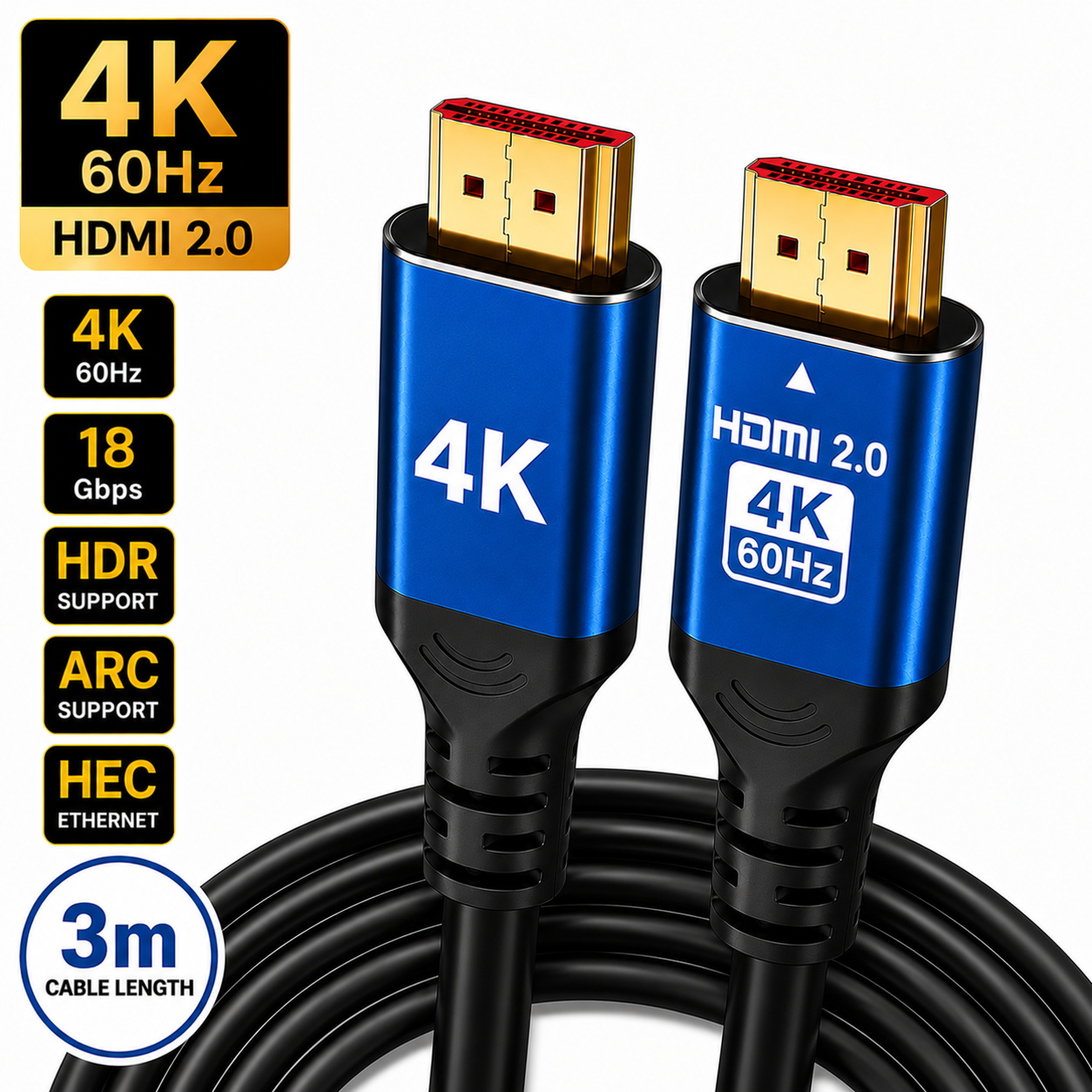 A 3-meter HDMI 2.0 4K 60Hz cable with two blue and black connector heads, shown on a white background with feature callout badges.