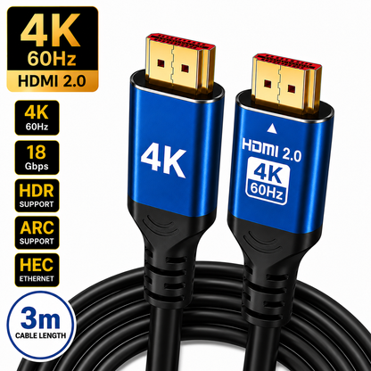 A 3-meter HDMI 2.0 4K 60Hz cable with two blue and black connector heads, shown on a white background with feature callout badges.