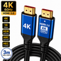 A 3-meter HDMI 2.0 4K 60Hz cable with two blue and black connector heads, shown on a white background with feature callout badges.