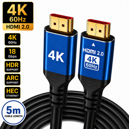 A 5-meter HDMI 2.0 4K 60Hz ethernet cable with two blue and black connectors, shown on a white background with feature badges.