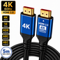 A 5-meter HDMI 2.0 4K 60Hz ethernet cable with two blue and black connectors, shown on a white background with feature badges.