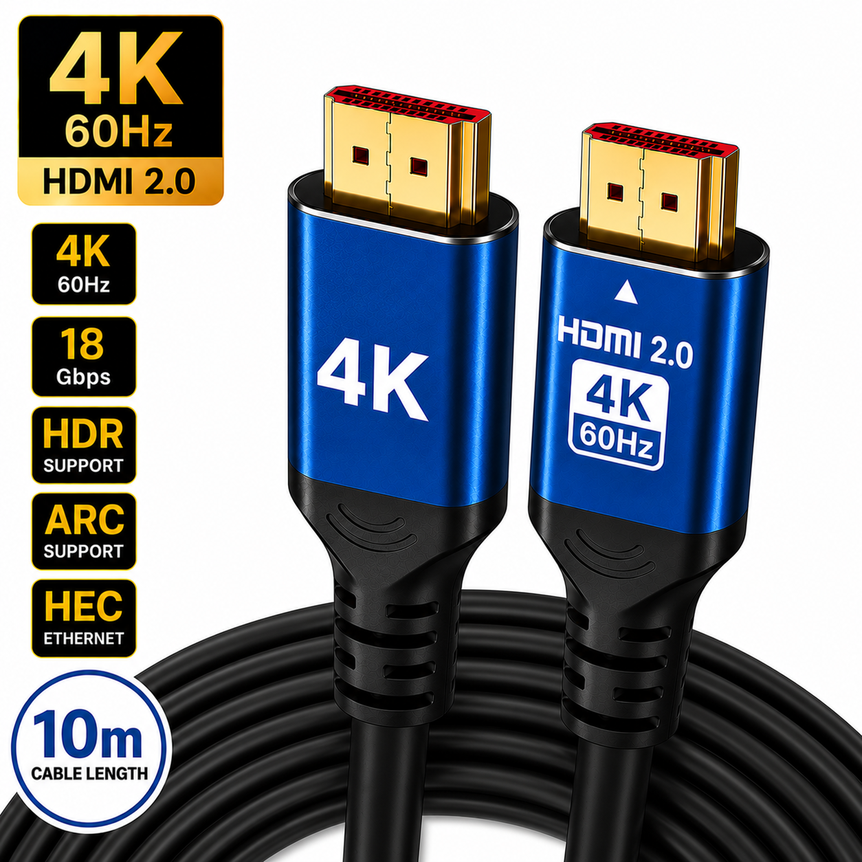 A 10-meter black HDMI 2.0 4K 60Hz cable with blue metal connector housings, shown on a white background with feature callout badges.