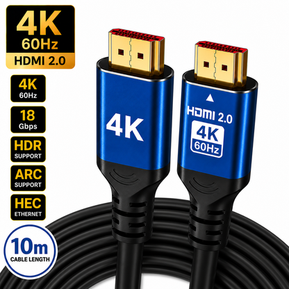 A 10-meter black HDMI 2.0 4K 60Hz cable with blue metal connector housings, shown on a white background with feature callout badges.