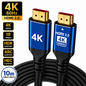 A 10-meter black HDMI 2.0 4K 60Hz cable with blue metal connector housings, shown on a white background with feature callout badges.