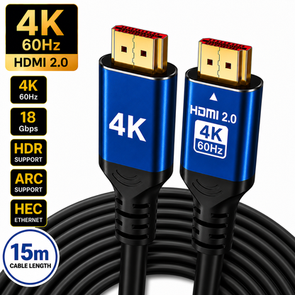 A 15-meter black HDMI 2.0 4K 60Hz Ethernet cable with two blue and black connector housings, shown on a white background with feature callout badges.