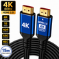 A 15-meter black HDMI 2.0 4K 60Hz Ethernet cable with two blue and black connector housings, shown on a white background with feature callout badges.