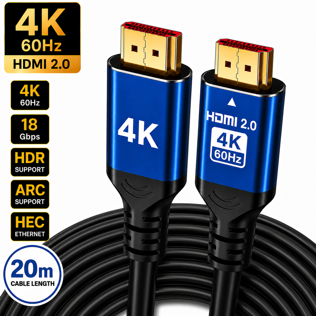 Blue and black HDMI 2.0 4K 60Hz Ethernet cable with a coiled black cable body, featuring feature callout badges on the left side.