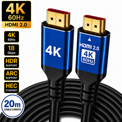 Blue and black HDMI 2.0 4K 60Hz Ethernet cable with a coiled black cable body, featuring feature callout badges on the left side.