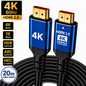 Blue and black HDMI 2.0 4K 60Hz Ethernet cable with a coiled black cable body, featuring feature callout badges on the left side.