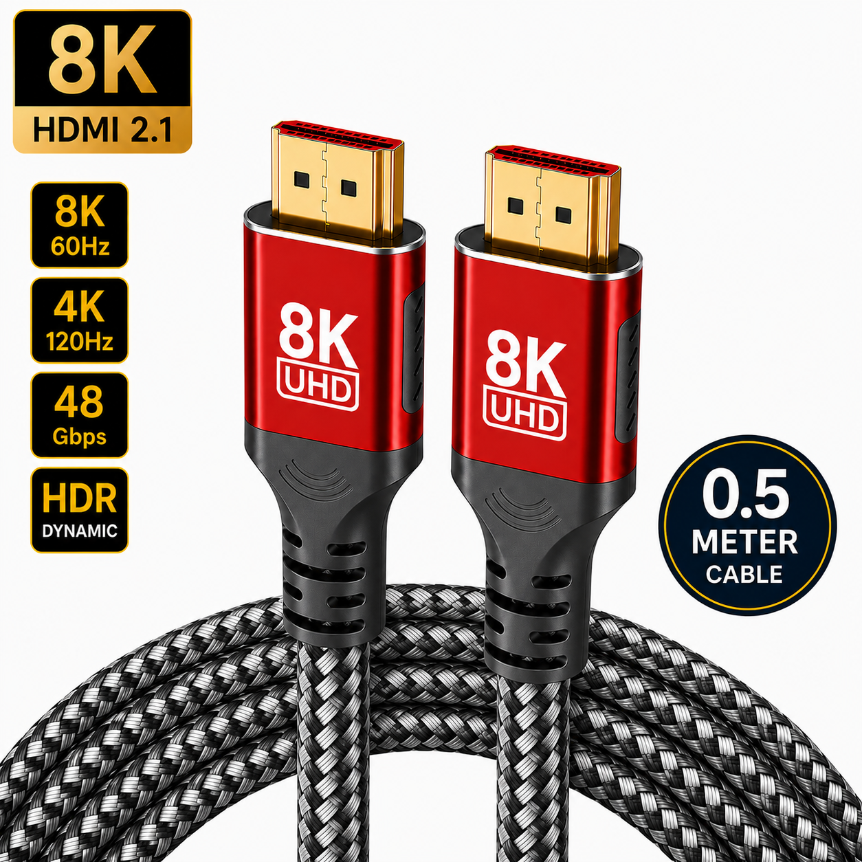 Two 8K UHD HDMI 2.1 cables with red and black connectors and a braided black cable, shown on a white background with feature badges including 8K, HDMI 2.