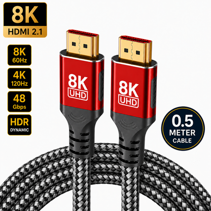 Two 8K UHD HDMI 2.1 cables with red and black connectors and a braided black cable, shown on a white background with feature badges including 8K, HDMI 2.
