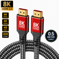 Two 8K UHD HDMI 2.1 cables with red and black connectors and a braided black cable, shown on a white background with feature badges including 8K, HDMI 2.