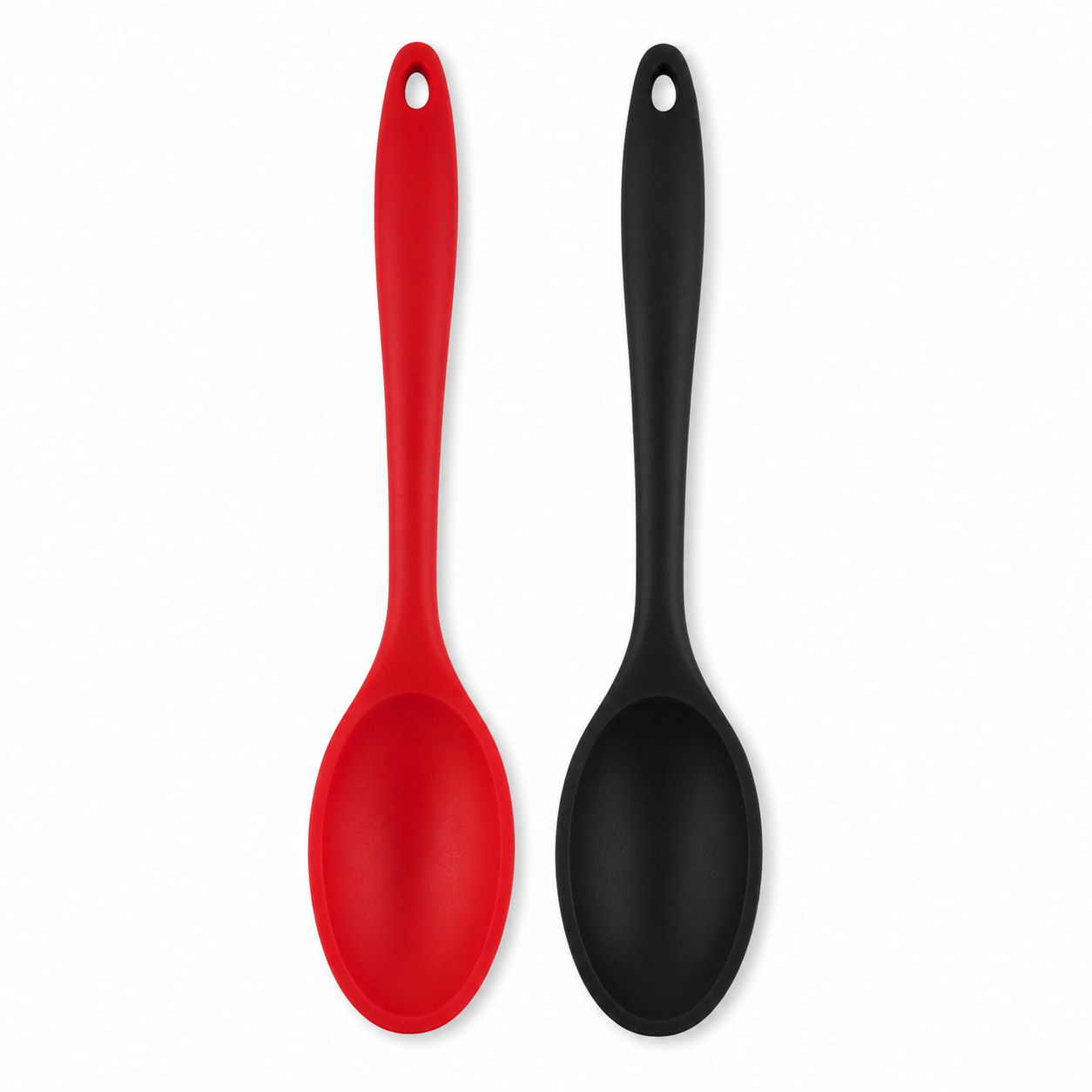 Two silicone kitchen spoons, one red and one black, shown side-by-side against a plain white background.