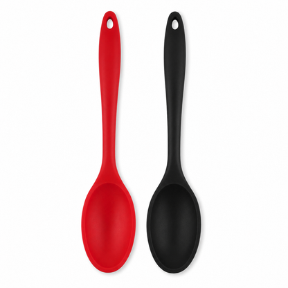 Two silicone kitchen spoons, one red and one black, shown side-by-side against a plain white background.