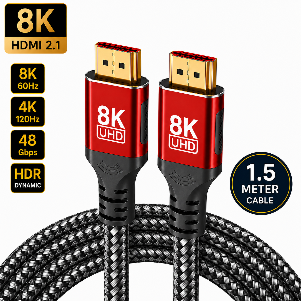 8K UHD HDMI 2.1 cable with two red and black connector heads and a braided black cable, shown on a white background with feature badges including 8K, HDMI 2.