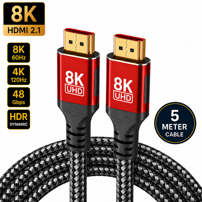 8K UHD HDMI 2.1 cable with two red and black connector heads and a black braided cable, shown on a white background with feature badges including 8K, HDMI 2.