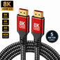 8K UHD HDMI 2.1 cable with two red and black connector heads and a black braided cable, shown on a white background with feature badges including 8K, HDMI 2.