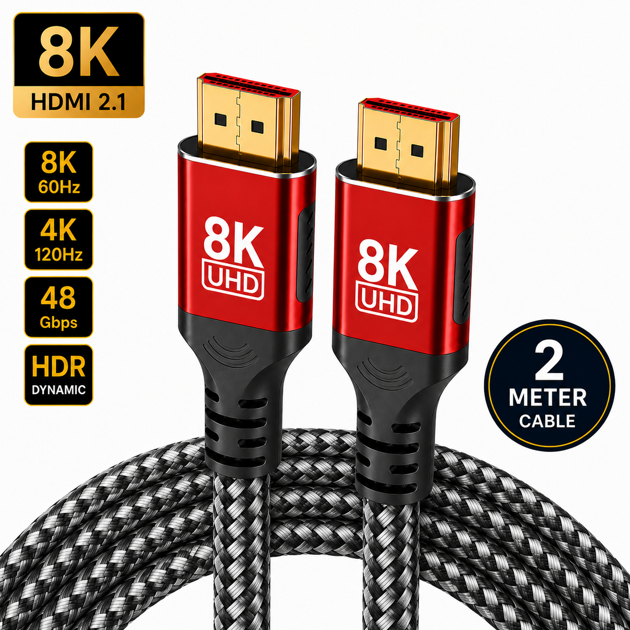 An 8K UHD HDMI 2.1 cable with a black and gray braided design, featuring red and black connector housings with gold-plated pins.