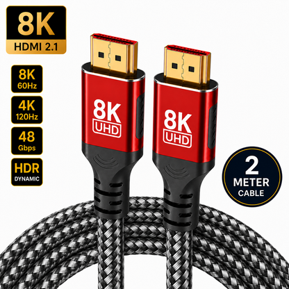 An 8K UHD HDMI 2.1 cable with a black and gray braided design, featuring red and black connector housings with gold-plated pins.