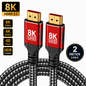 An 8K UHD HDMI 2.1 cable with a black and gray braided design, featuring red and black connector housings with gold-plated pins.