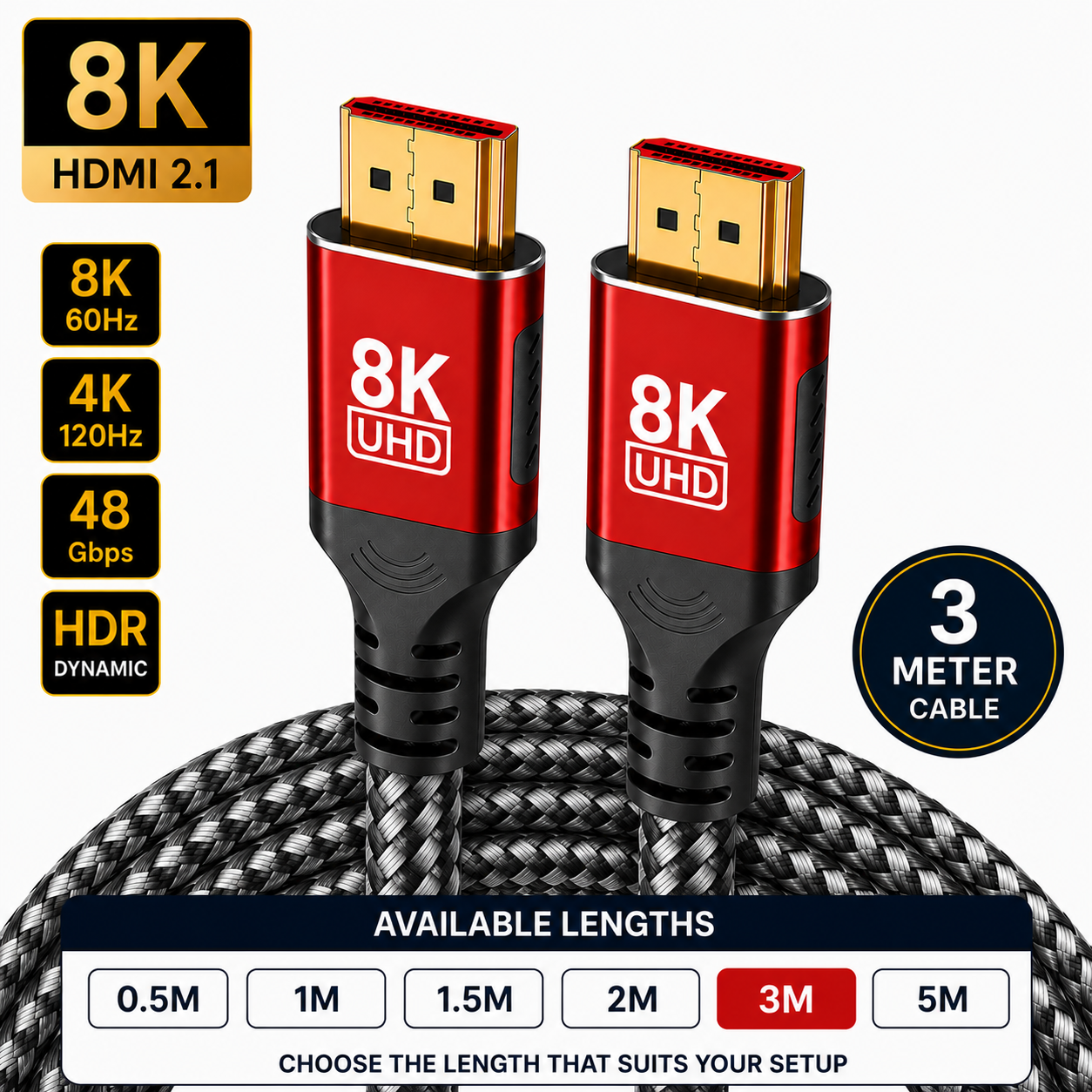 An 8K UHD HDMI 2.1 cable shown in a product graphic with two close-up connector views, braided black-and-white cable, feature callouts for 8K, 4K, 60Hz, 120Hz, 48 Gbps, HDR, and a 3-meter cable count, plus an available lengths chart at the bottom.