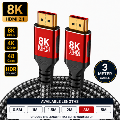 An 8K UHD HDMI 2.1 cable shown in a product graphic with two close-up connector views, braided black-and-white cable, feature callouts for 8K, 4K, 60Hz, 120Hz, 48 Gbps, HDR, and a 3-meter cable count, plus an available lengths chart at the bottom.